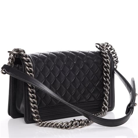 chanel lambskin quilted new medium boy flap black|Chanel leather handbags.